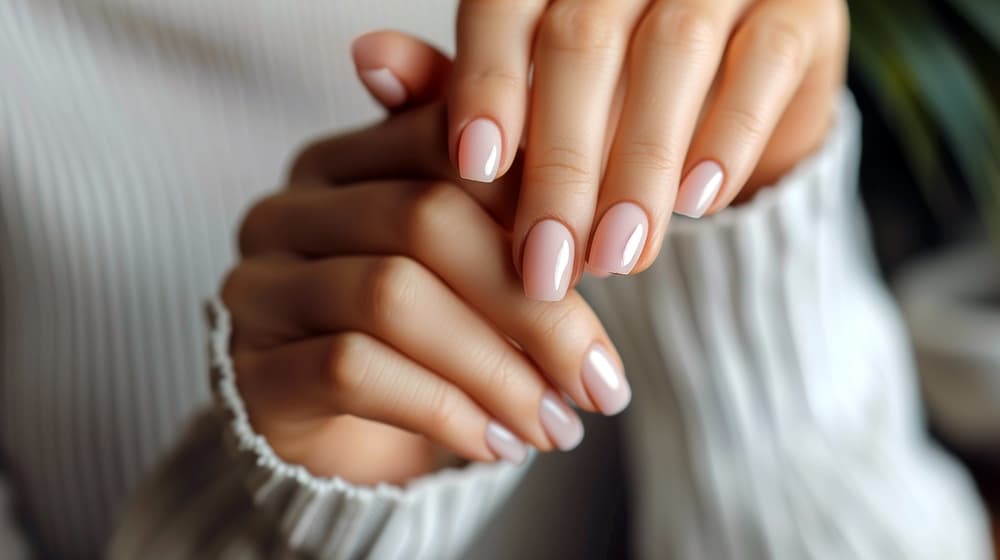 Close-up of perfectly manicured hands with glossy nude BIAB nails, showing a strong yet natural finish.