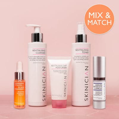 Skinician Revitalising Cleanser, Toner and Day Moisturiser with Vitamin C Elixir and Ageless Peptide Eye Complex, mix and match bundle at Merluza Hair & Beauty